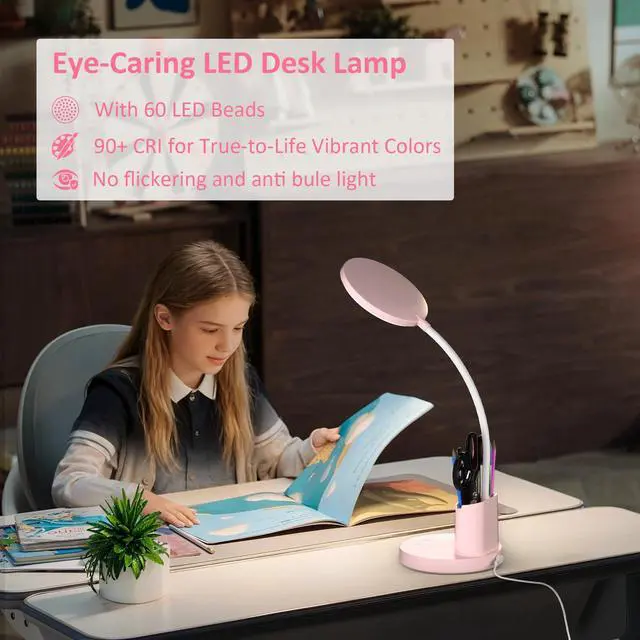 Alt view image 4 of 7 - Desk Lamp, LED Desk Lamps for Home Office, Touch Table Lamp with 3 Color Modes 360° Adjustable Arm, Dimmable Desk Light with Pen Phone Holder for College Dorm, Pink