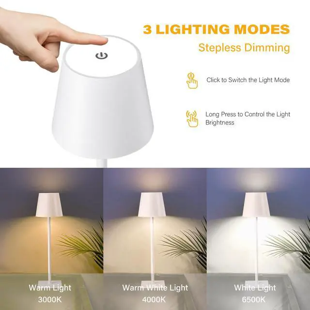 Alt view image 3 of 6 - 2 Pack Cordless Table Lamps, 3 Colors Stepless Dimming, 5000mAh Rechargeable Battery LED Desk Lamp for Bedroom/Couple Dinner/Desk/Cafe/Dining Room/Terrace