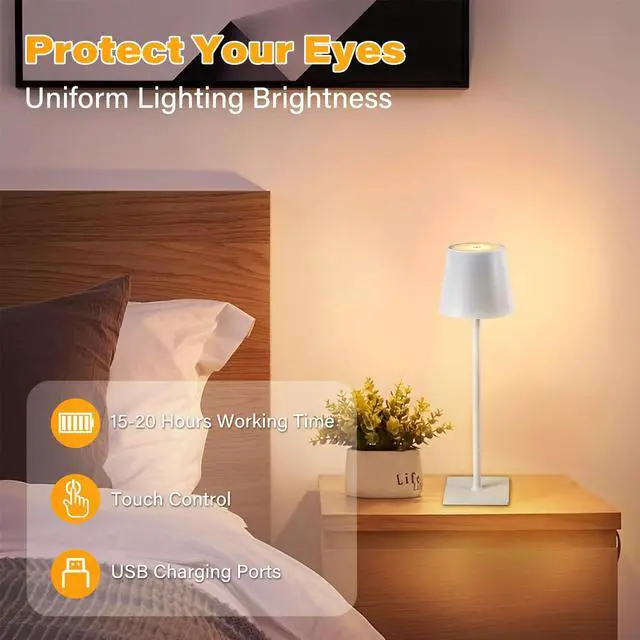 Alt view image 5 of 6 - 2 Pack Cordless Table Lamps, 3 Colors Stepless Dimming, 5000mAh Rechargeable Battery LED Desk Lamp for Bedroom/Couple Dinner/Desk/Cafe/Dining Room/Terrace
