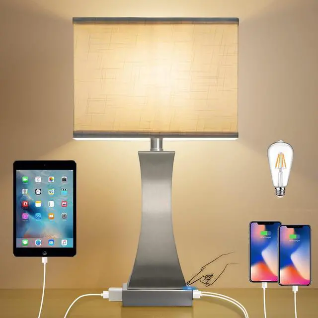 Main image of Table Lamp for Bedroom 3-Way Dimmable Touch Control Chrome Bedside Lamp with USB A+C Port & AC Outlet 21.6" Tall Nightstand Lamp for Living Room Office and Hotel Bulb Included (Nickel)
