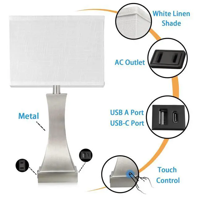 Alt view image 2 of 6 - Table Lamp for Bedroom 3-Way Dimmable Touch Control Chrome Bedside Lamp with USB A+C Port & AC Outlet 21.6" Tall Nightstand Lamp for Living Room Office and Hotel Bulb Included (Nickel)