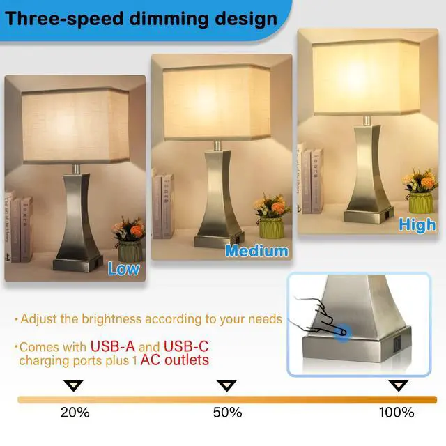 Alt view image 3 of 6 - Table Lamp for Bedroom 3-Way Dimmable Touch Control Chrome Bedside Lamp with USB A+C Port & AC Outlet 21.6" Tall Nightstand Lamp for Living Room Office and Hotel Bulb Included (Nickel)