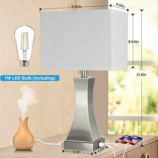 Alt view image 4 of 6 - Table Lamp for Bedroom 3-Way Dimmable Touch Control Chrome Bedside Lamp with USB A+C Port & AC Outlet 21.6" Tall Nightstand Lamp for Living Room Office and Hotel Bulb Included (Nickel)