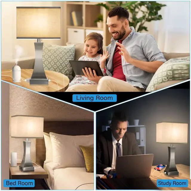 Alt view image 5 of 6 - Table Lamp for Bedroom 3-Way Dimmable Touch Control Chrome Bedside Lamp with USB A+C Port & AC Outlet 21.6" Tall Nightstand Lamp for Living Room Office and Hotel Bulb Included (Nickel)