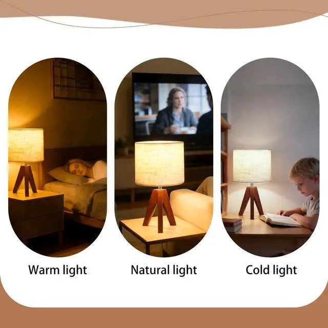 Alt view image 2 of 7 - Tripod Table Lamp, Small Bedside Night Stand Lamp with 3 Colors, Decorative Lamp for Bedroom, Nursery, Living Room (Bulb Included) (Espresso Wood)