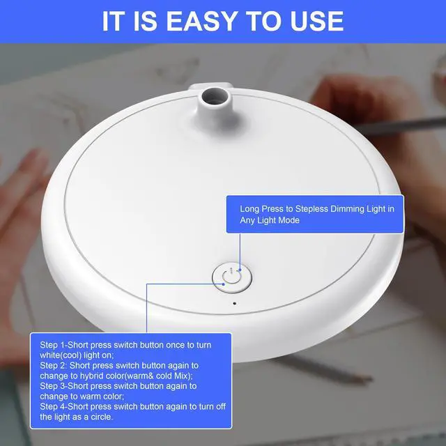 Alt view image 5 of 6 - LED Desk Lamp for Home Office,3 Light Colors,Table Lamp,Dimmable Reading Light for Bedside Small Desk Lamp for College Dorm Room,Bedroom Desk Light,White