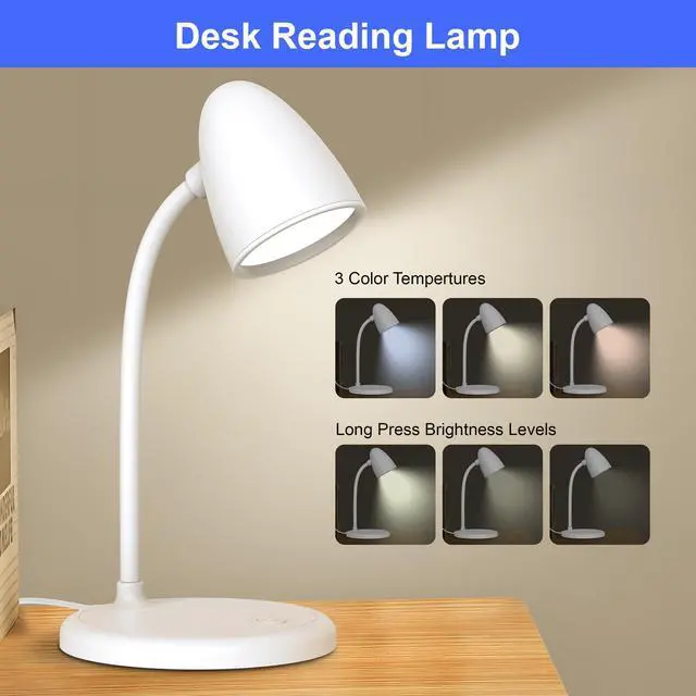 Alt view image 6 of 6 - LED Desk Lamp for Home Office,3 Light Colors,Table Lamp,Dimmable Reading Light for Bedside Small Desk Lamp for College Dorm Room,Bedroom Desk Light,White