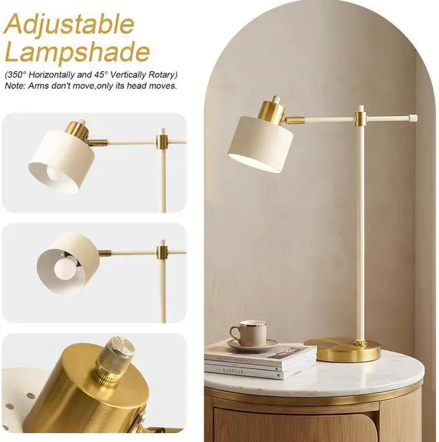 Alt view image 2 of 7 - 22.2" Modern Desk Lamp, Metal Table Lamp with LED Bulb, Adjustable Reading Lamps for Living Room, Mid Century Nightstand Lamp for Home Office, Industrial Bedside Lamps, Cream and Gold