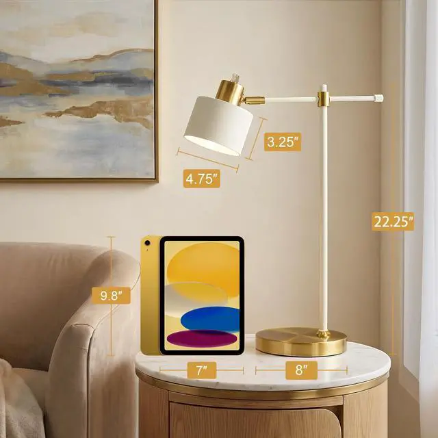 Alt view image 3 of 7 - 22.2" Modern Desk Lamp, Metal Table Lamp with LED Bulb, Adjustable Reading Lamps for Living Room, Mid Century Nightstand Lamp for Home Office, Industrial Bedside Lamps, Cream and Gold