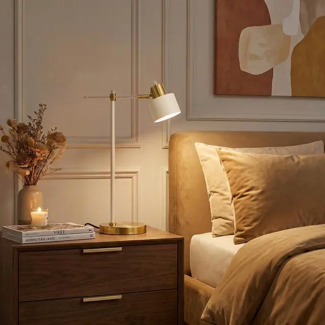 Alt view image 4 of 7 - 22.2" Modern Desk Lamp, Metal Table Lamp with LED Bulb, Adjustable Reading Lamps for Living Room, Mid Century Nightstand Lamp for Home Office, Industrial Bedside Lamps, Cream and Gold