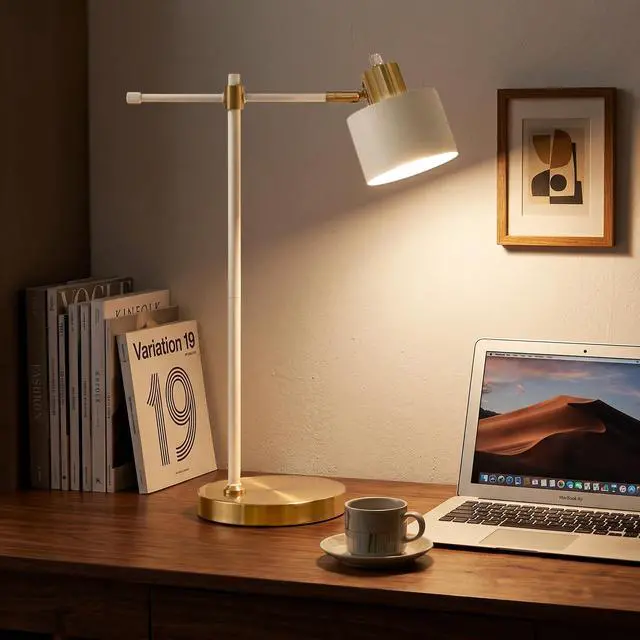 Alt view image 5 of 7 - 22.2" Modern Desk Lamp, Metal Table Lamp with LED Bulb, Adjustable Reading Lamps for Living Room, Mid Century Nightstand Lamp for Home Office, Industrial Bedside Lamps, Cream and Gold