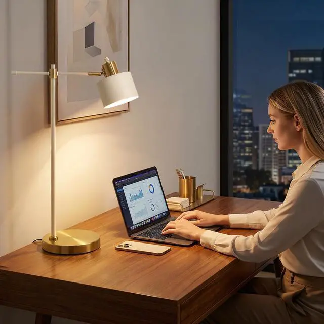 Alt view image 6 of 7 - 22.2" Modern Desk Lamp, Metal Table Lamp with LED Bulb, Adjustable Reading Lamps for Living Room, Mid Century Nightstand Lamp for Home Office, Industrial Bedside Lamps, Cream and Gold