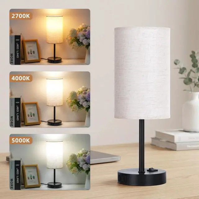 Alt view image 2 of 7 - Table Lamp for Bedroom Set of 2, Bedside Small Lamps with 3 Way Dimmable Rocker Switch and AC Outlet, Nightstand Desk Lamp with Flaxen Fabric Shade Black Base for Living Room Home Decor Lights