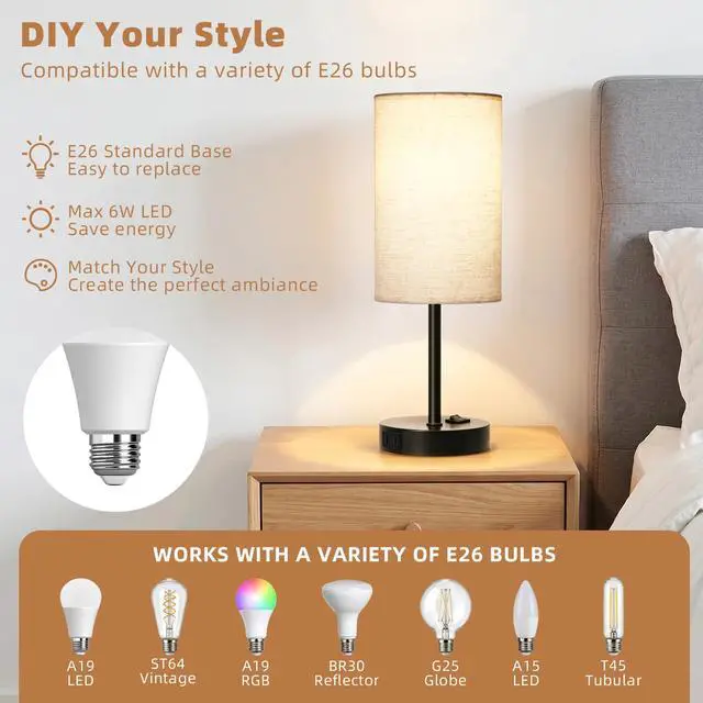 Alt view image 3 of 7 - Table Lamp for Bedroom Set of 2, Bedside Small Lamps with 3 Way Dimmable Rocker Switch and AC Outlet, Nightstand Desk Lamp with Flaxen Fabric Shade Black Base for Living Room Home Decor Lights