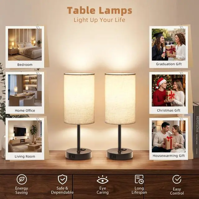 Alt view image 7 of 7 - Table Lamp for Bedroom Set of 2, Bedside Small Lamps with 3 Way Dimmable Rocker Switch and AC Outlet, Nightstand Desk Lamp with Flaxen Fabric Shade Black Base for Living Room Home Decor Lights