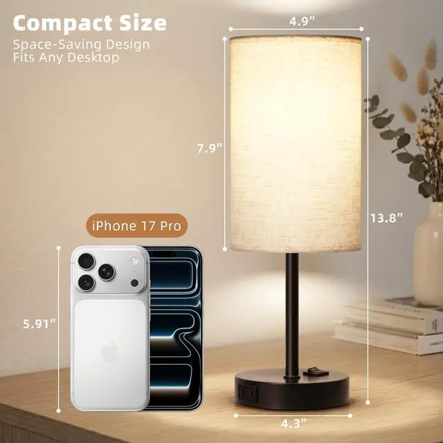 Alt view image 4 of 7 - Table Lamp for Bedroom Set of 2, Bedside Small Lamps with 3 Way Dimmable Rocker Switch and AC Outlet, Nightstand Desk Lamp with Flaxen Fabric Shade Black Base for Living Room Home Decor Lights