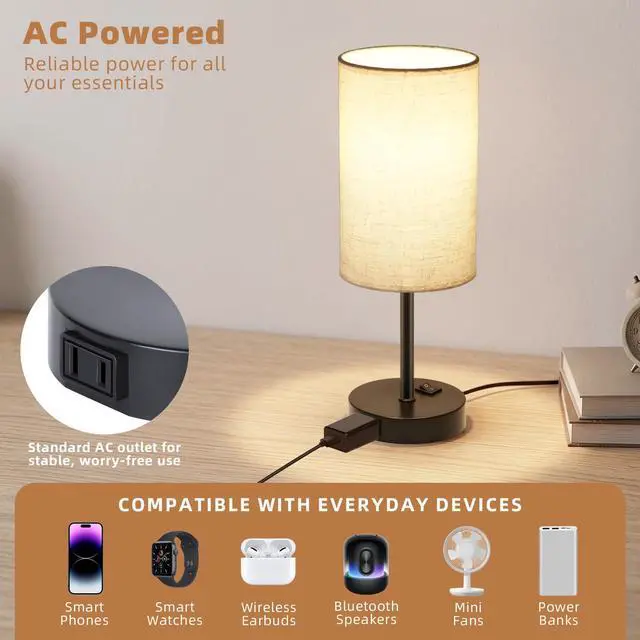 Alt view image 5 of 7 - Table Lamp for Bedroom Set of 2, Bedside Small Lamps with 3 Way Dimmable Rocker Switch and AC Outlet, Nightstand Desk Lamp with Flaxen Fabric Shade Black Base for Living Room Home Decor Lights