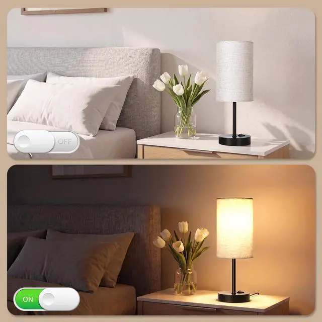 Alt view image 6 of 7 - Table Lamp for Bedroom Set of 2, Bedside Small Lamps with 3 Way Dimmable Rocker Switch and AC Outlet, Nightstand Desk Lamp with Flaxen Fabric Shade Black Base for Living Room Home Decor Lights