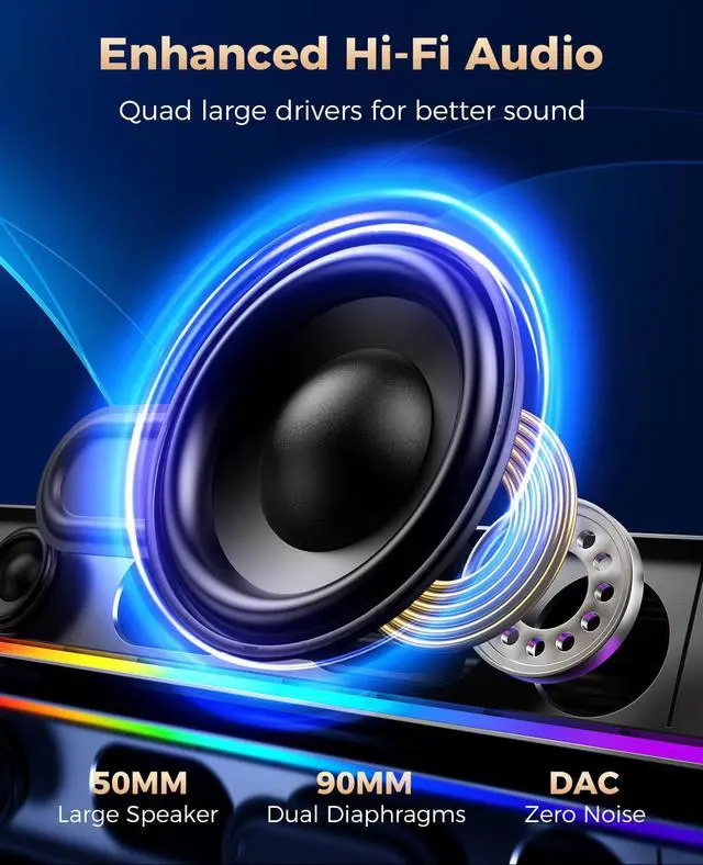 Alt view image 2 of 6 - Computer Speakers for Desktop PC, HiFi Stereo PC Speakers with Volume Knob, Colorful Lights, Plug & Play Wired USB/USB-C Powered for Desktop, Computer, Laptop