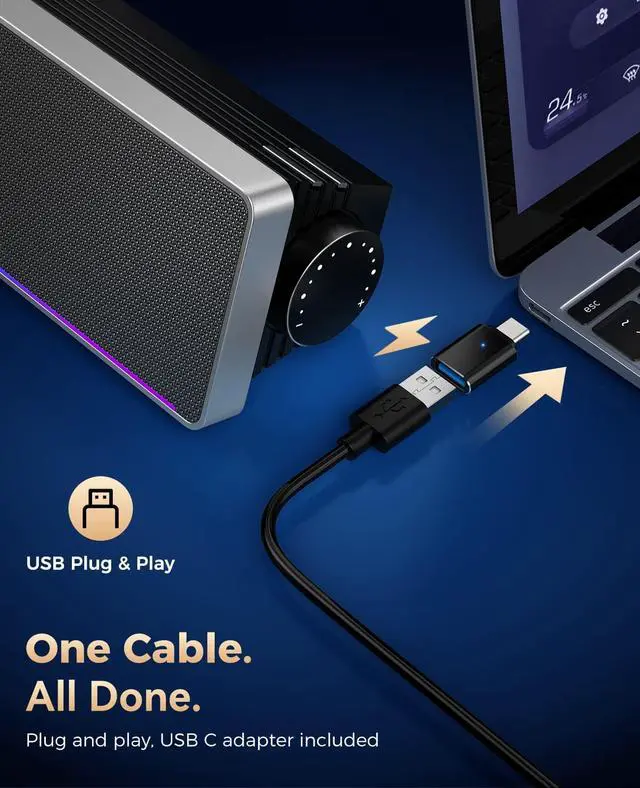Alt view image 4 of 6 - Computer Speakers for Desktop PC, HiFi Stereo PC Speakers with Volume Knob, Colorful Lights, Plug & Play Wired USB/USB-C Powered for Desktop, Computer, Laptop