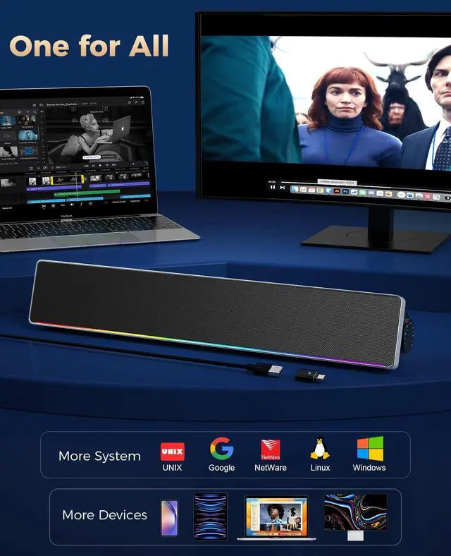 Alt view image 6 of 6 - Computer Speakers for Desktop PC, HiFi Stereo PC Speakers with Volume Knob, Colorful Lights, Plug & Play Wired USB/USB-C Powered for Desktop, Computer, Laptop