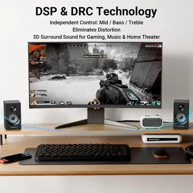 Alt view image 2 of 7 - Powered Bookshelf Speakers HiFi Computer Gaming Monitors with Bluetooth 5.3 & 24-Bit USB DAC Stereo Speaker PC Speakers 3.5" Woofer,1" Silk Dome Tweeter, Adjustable Bass/Treble BT16-Black