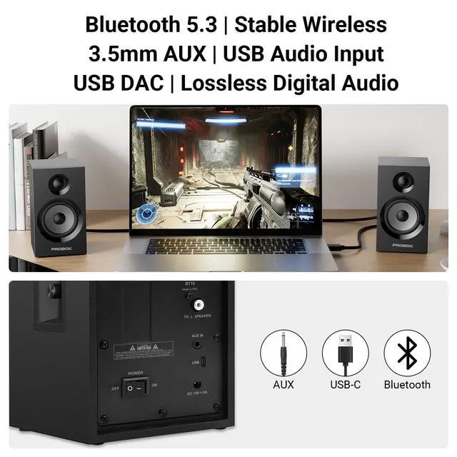 Alt view image 6 of 7 - Powered Bookshelf Speakers HiFi Computer Gaming Monitors with Bluetooth 5.3 & 24-Bit USB DAC Stereo Speaker PC Speakers 3.5" Woofer,1" Silk Dome Tweeter, Adjustable Bass/Treble BT16-Black