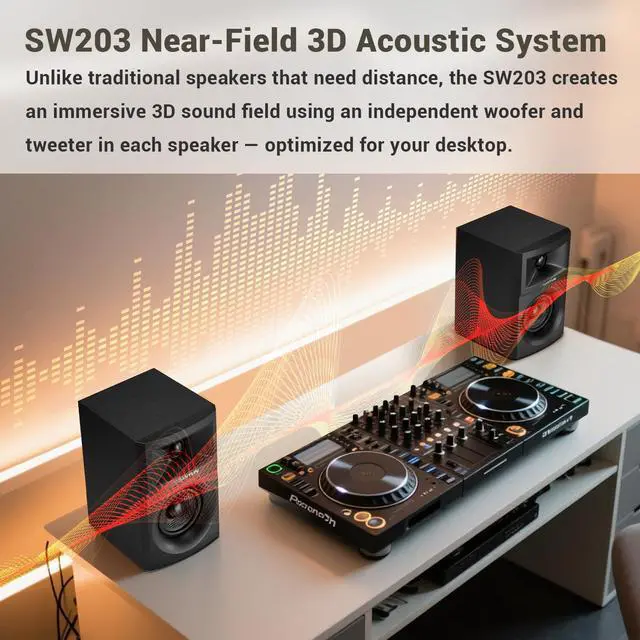 Alt view image 4 of 7 - SW203 2.0 Desktop Computer Speakers - Near-Field 3D Stereo with Vertical Imaging - 60W Triple-DSP Dual Independent Drive - 24bit USB-C DAC Bluetooth 5.4 AUX, HiFi PC Gaming (Pair, Black)