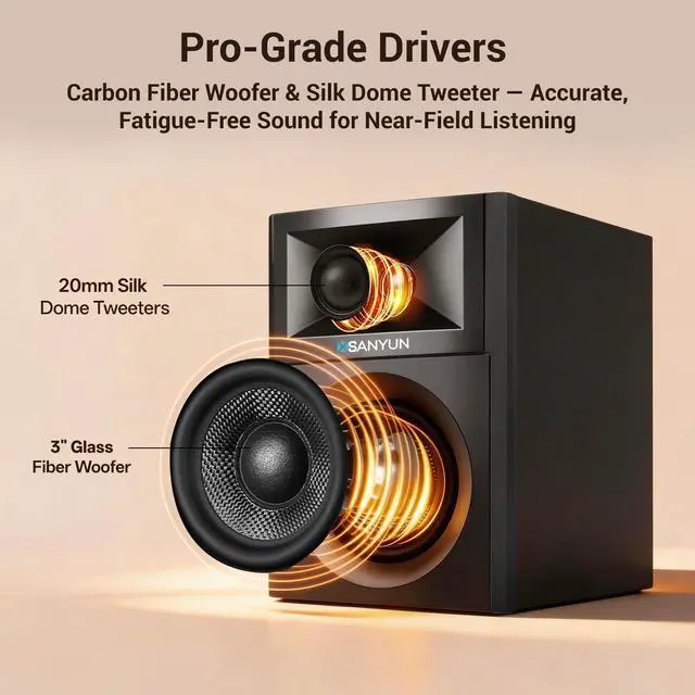Alt view image 5 of 7 - SW203 2.0 Desktop Computer Speakers - Near-Field 3D Stereo with Vertical Imaging - 60W Triple-DSP Dual Independent Drive - 24bit USB-C DAC Bluetooth 5.4 AUX, HiFi PC Gaming (Pair, Black)