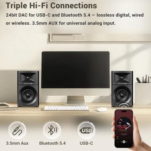 Alt view image 6 of 7 - SW203 2.0 Desktop Computer Speakers - Near-Field 3D Stereo with Vertical Imaging - 60W Triple-DSP Dual Independent Drive - 24bit USB-C DAC Bluetooth 5.4 AUX, HiFi PC Gaming (Pair, Black)