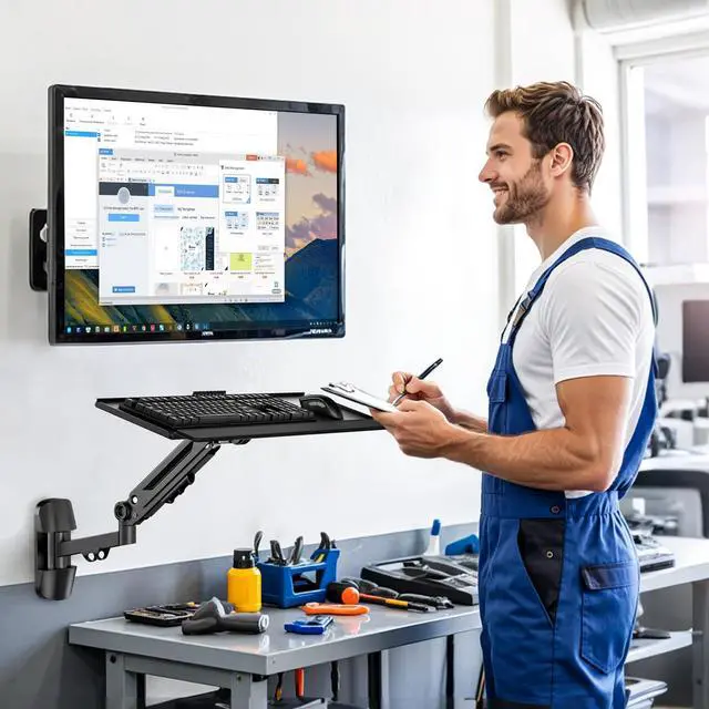 Alt view image 2 of 7 - Wall Mount Keyboard Tray- Keyboard and Mouse Stand & Monitor Mount Arm,Height Adjustable Typing Platform Holds up to 26.4 lbs,Black