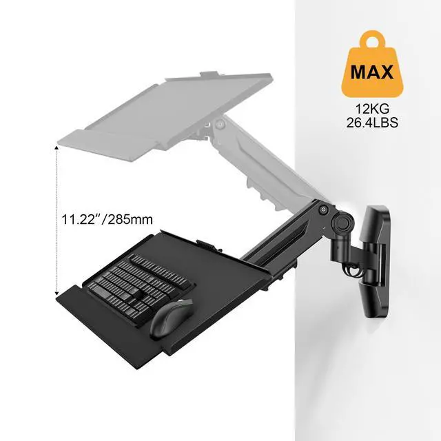 Alt view image 3 of 7 - Wall Mount Keyboard Tray- Keyboard and Mouse Stand & Monitor Mount Arm,Height Adjustable Typing Platform Holds up to 26.4 lbs,Black
