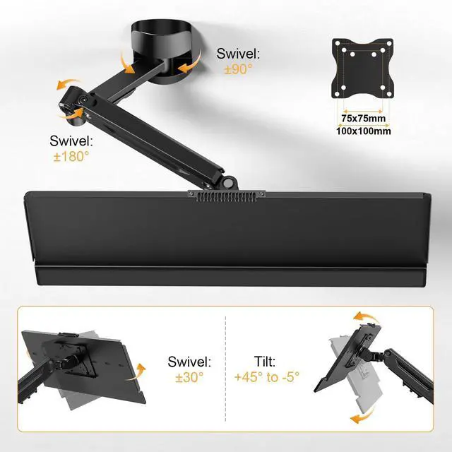 Alt view image 4 of 7 - Wall Mount Keyboard Tray- Keyboard and Mouse Stand & Monitor Mount Arm,Height Adjustable Typing Platform Holds up to 26.4 lbs,Black
