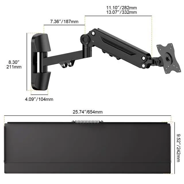 Alt view image 5 of 7 - Wall Mount Keyboard Tray- Keyboard and Mouse Stand & Monitor Mount Arm,Height Adjustable Typing Platform Holds up to 26.4 lbs,Black