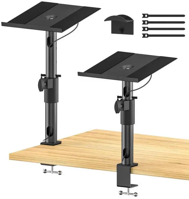Main image of Clamp-on Desk Speaker Stand Pair, Height&Angle Adjustable Desktop Bookshelf Speaker Stands for Samsung Q990D/Q990F, Fit Edifier/KRK/Klipsch/Yamaha Built-in Cable Management WR Headset Hook& Cable Ties