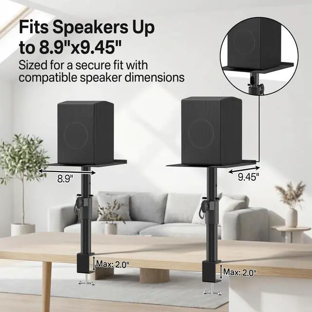 Alt view image 2 of 7 - Clamp-on Desk Speaker Stand Pair, Height&Angle Adjustable Desktop Bookshelf Speaker Stands for Samsung Q990D/Q990F, Fit Edifier/KRK/Klipsch/Yamaha Built-in Cable Management WR Headset Hook& Cable Ties