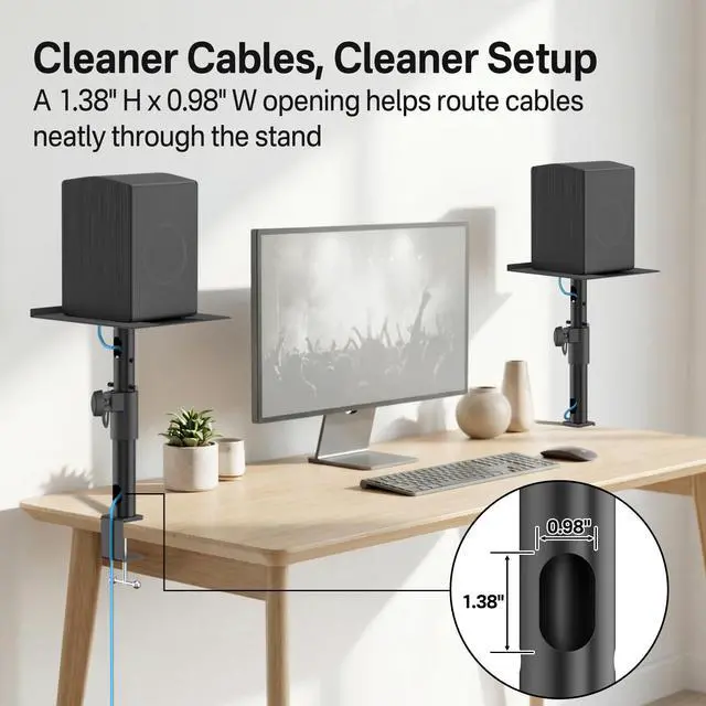 Alt view image 3 of 7 - Clamp-on Desk Speaker Stand Pair, Height&Angle Adjustable Desktop Bookshelf Speaker Stands for Samsung Q990D/Q990F, Fit Edifier/KRK/Klipsch/Yamaha Built-in Cable Management WR Headset Hook& Cable Ties