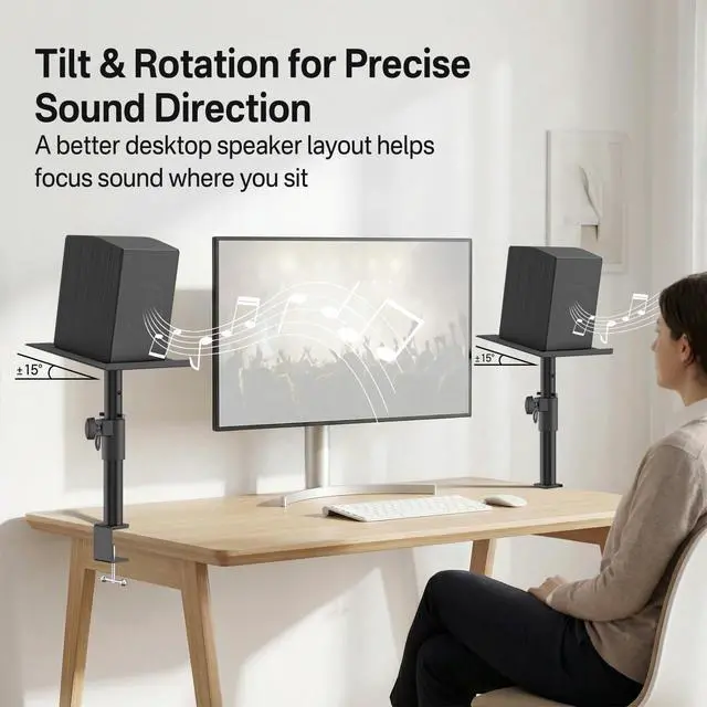 Alt view image 5 of 7 - Clamp-on Desk Speaker Stand Pair, Height&Angle Adjustable Desktop Bookshelf Speaker Stands for Samsung Q990D/Q990F, Fit Edifier/KRK/Klipsch/Yamaha Built-in Cable Management WR Headset Hook& Cable Ties