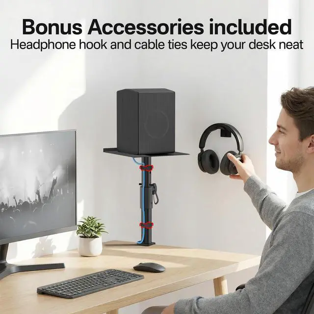 Alt view image 6 of 7 - Clamp-on Desk Speaker Stand Pair, Height&Angle Adjustable Desktop Bookshelf Speaker Stands for Samsung Q990D/Q990F, Fit Edifier/KRK/Klipsch/Yamaha Built-in Cable Management WR Headset Hook& Cable Ties
