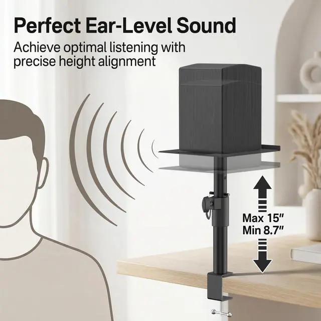 Alt view image 4 of 7 - Clamp-on Desk Speaker Stand Pair, Height&Angle Adjustable Desktop Bookshelf Speaker Stands for Samsung Q990D/Q990F, Fit Edifier/KRK/Klipsch/Yamaha Built-in Cable Management WR Headset Hook& Cable Ties