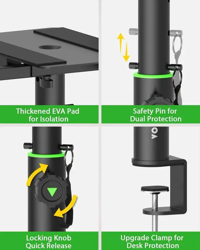 Alt view image 3 of 7 - Set of 2 Dual Side Clamping Studio Monitor Stands Short Desktop Clamp Speaker Stands Height Adjustable Extendable Top Plate Mounted by Screws