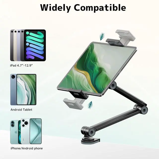 Alt view image 2 of 7 - Tablet Stand Holder for Desk, Portable Phone Tablet Holder for ipad with 360° Rotation,Adjustable Arm Clamp Mount Compatible with 4.7"-12.9" iPad, iPhone, Kindle, Black