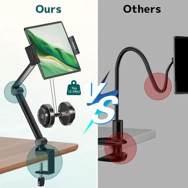 Alt view image 3 of 7 - Tablet Stand Holder for Desk, Portable Phone Tablet Holder for ipad with 360° Rotation,Adjustable Arm Clamp Mount Compatible with 4.7"-12.9" iPad, iPhone, Kindle, Black