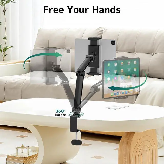 Alt view image 4 of 7 - Tablet Stand Holder for Desk, Portable Phone Tablet Holder for ipad with 360° Rotation,Adjustable Arm Clamp Mount Compatible with 4.7"-12.9" iPad, iPhone, Kindle, Black
