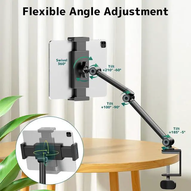 Alt view image 5 of 7 - Tablet Stand Holder for Desk, Portable Phone Tablet Holder for ipad with 360° Rotation,Adjustable Arm Clamp Mount Compatible with 4.7"-12.9" iPad, iPhone, Kindle, Black