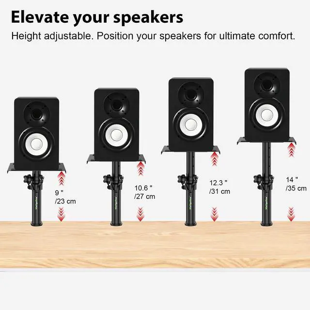 Alt view image 2 of 7 - Pair of Desktop Speaker Stands Clamp-on Studio Monitor Stands Height Adjustable 9"-14" Desk Mount Speaker Riser Speaker Stands Home Audio