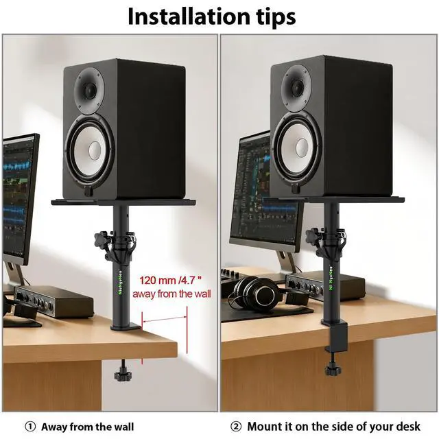 Alt view image 3 of 7 - Pair of Desktop Speaker Stands Clamp-on Studio Monitor Stands Height Adjustable 9"-14" Desk Mount Speaker Riser Speaker Stands Home Audio