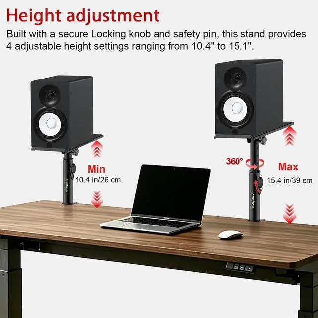 Alt view image 2 of 7 - Studio Monitor Stands Tilt Clamp-on Desktop Speaker Stand 10.4"-15.4" Height Adjustable 12° Tilt Home Audio, Set of 2