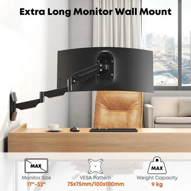 Alt view image 2 of 7 - Monitor Wall Mount for 17''-32''-inch Screens - 30.28'' Extra Long Single Wall Mount Monitor Arm, Full Motion VESA Wall Bracket,75/100mm, Hold up to 19.8lbs, Black