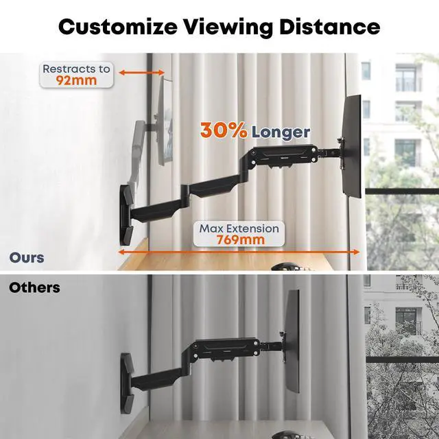 Alt view image 3 of 7 - Monitor Wall Mount for 17''-32''-inch Screens - 30.28'' Extra Long Single Wall Mount Monitor Arm, Full Motion VESA Wall Bracket,75/100mm, Hold up to 19.8lbs, Black
